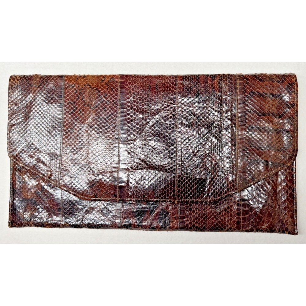 1980s Faux Snakeskin Clutch Brown Reptile Embossed Envelope Purse Vintage